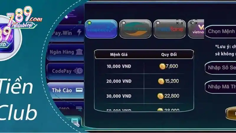 Rút tiền tại 789club đơn giản bằng thẻ cào